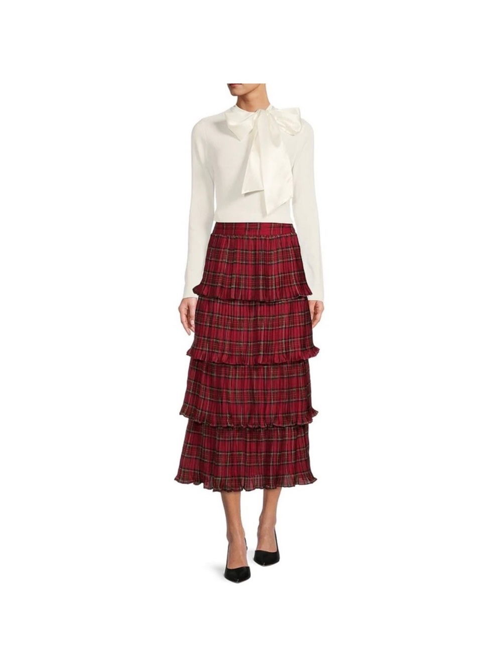 Antonio Melani Katrina Tartan Plaid Layered Ruffled Red Black Holiday Skirt 6 - Picture 15 of 16